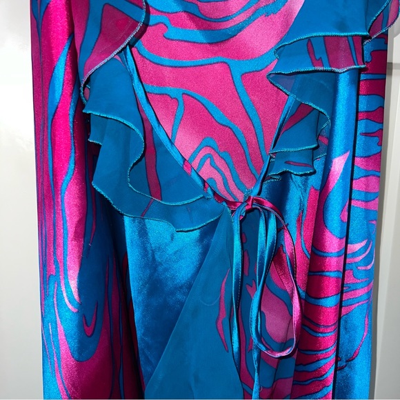 Hawaii Wrap dress satin silky shiny metallic blue & pink gorgeous beach coverup - Picture 2 of 8